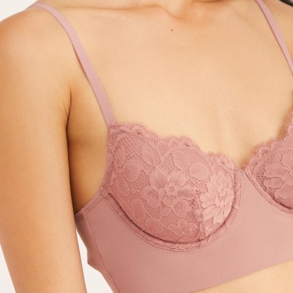 NWT Free People Bianca Lace Longline Underwire Bra In Vintage Rose Pink - Picture 2 of 9
